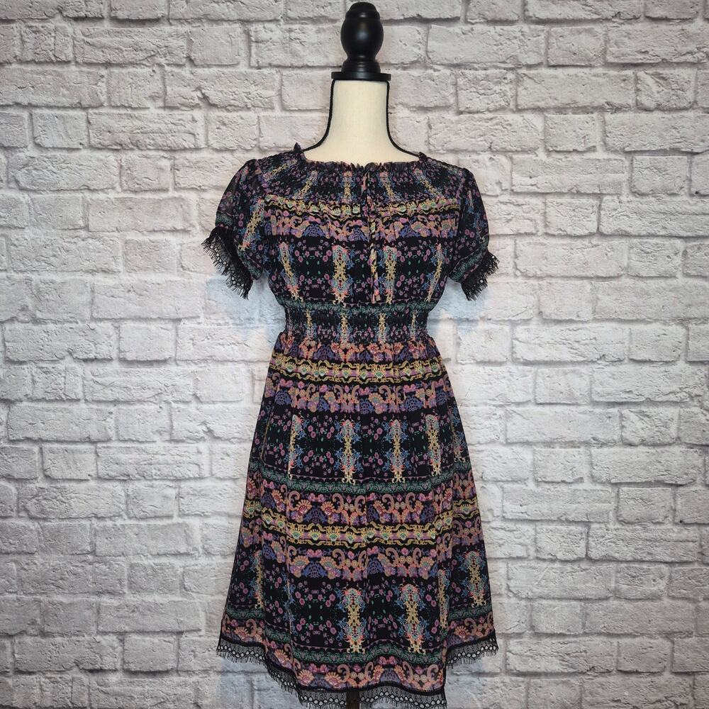 Sui Anna Sui Smocked Boho Peasant Dress Black Lace Multicolor Tribal Print Sz S - Picture 2 of 11